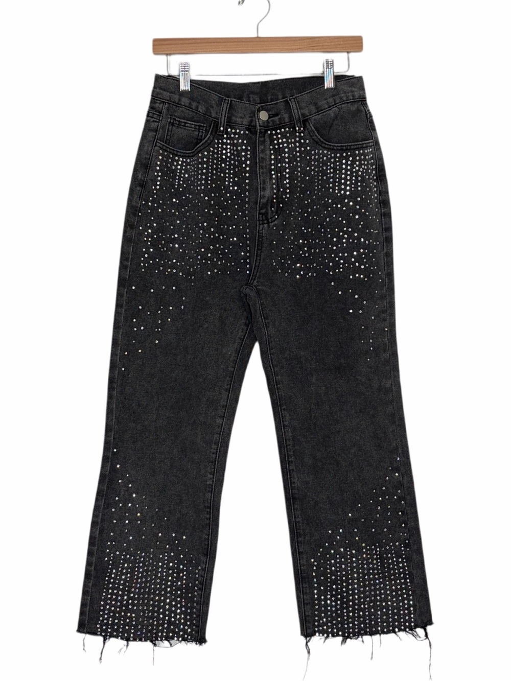 Rhinestone Black Wash Bootcut Jeans Raw Frayed Hem Size 27